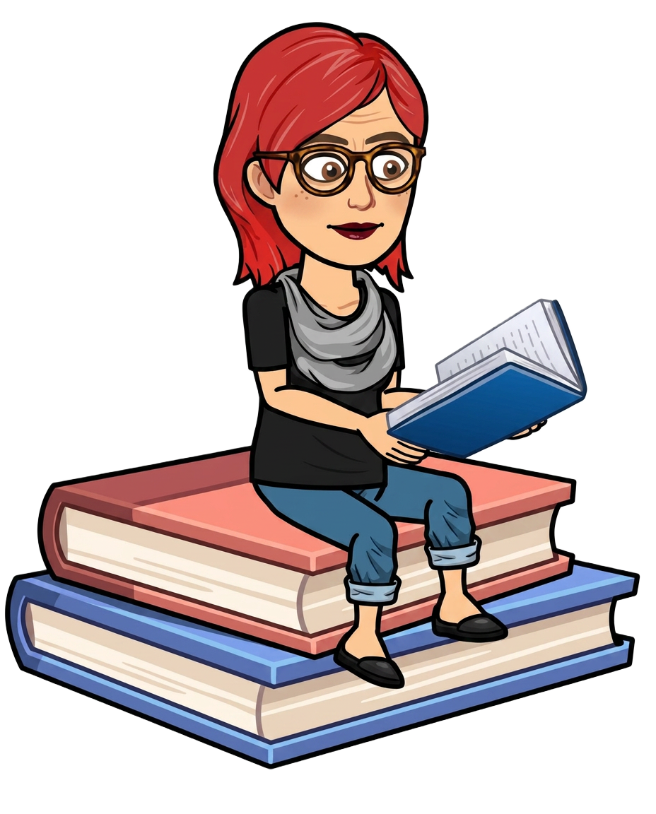 Ms. A reading on a stack of books